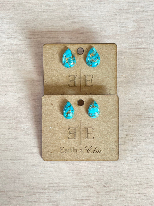 Blue Copper Turquoise Studs | Turquoise Earrings | 10x14 | Teardrop Shape | Pear Shape Blue Studs | 8x12mm