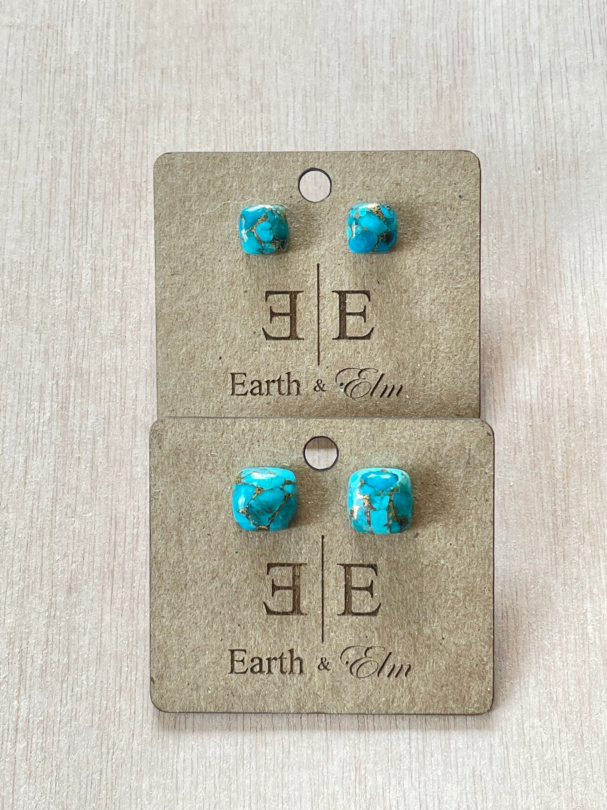 Blue Copper Turquoise Cushion Cut Studs | Stud Earrings | Gemstone Earrings | 8mm Crystal Studs