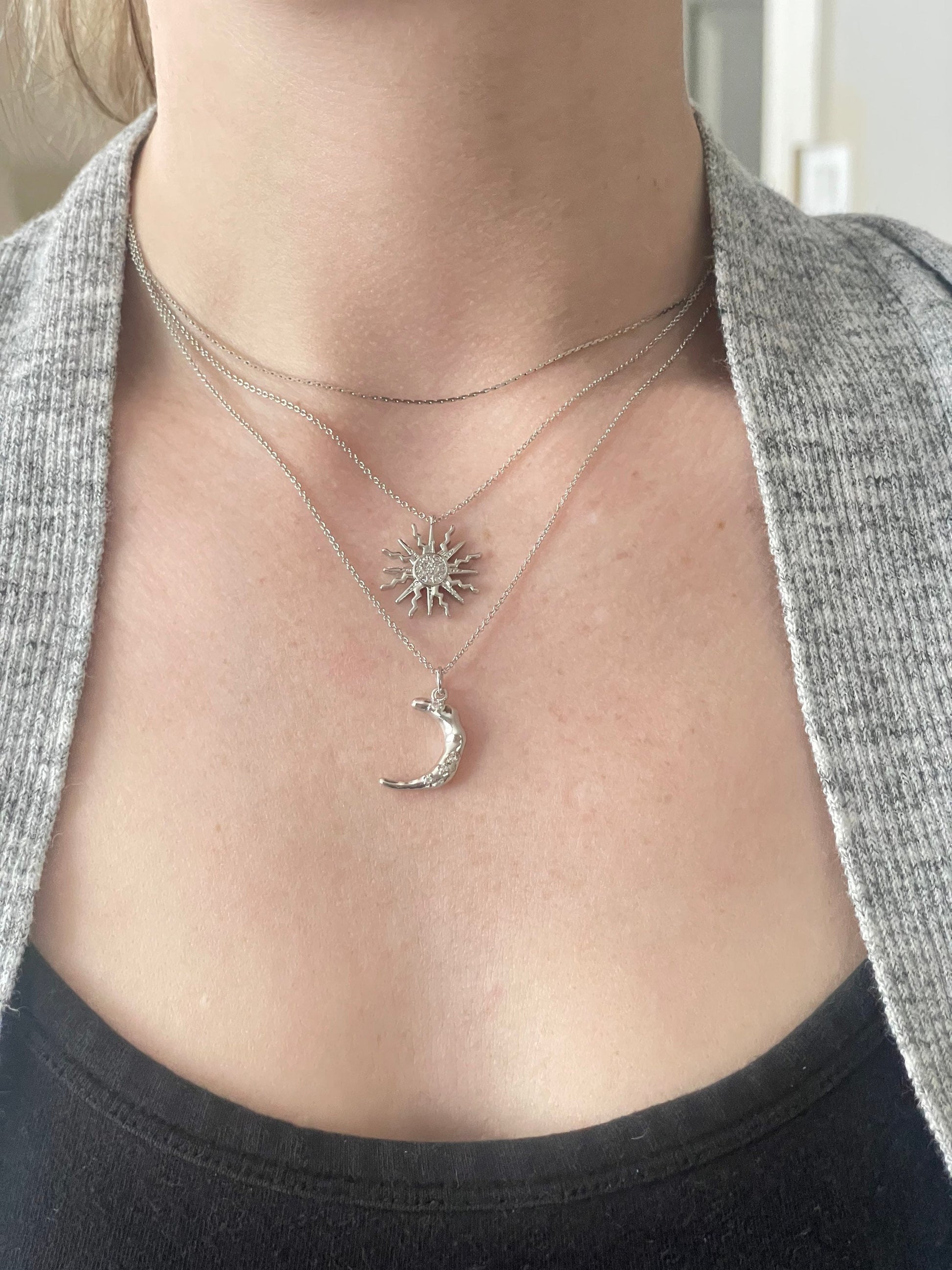 Silver Sun & Moon Necklace Set 