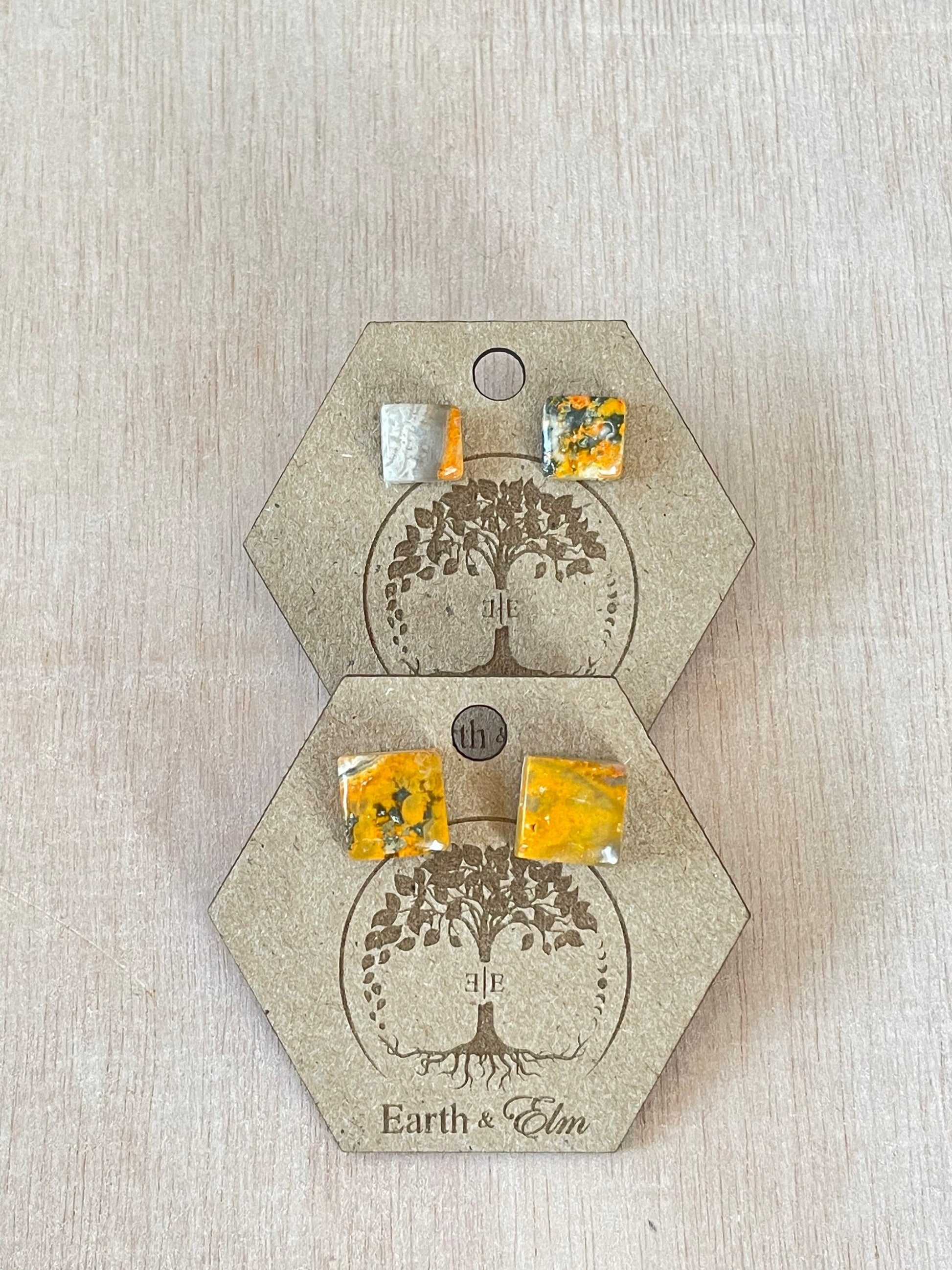 Bumblebee Jasper Square Studs | Stud Earrings | Gemstone Earrings | 8mm | 10mm | Cushion Cut