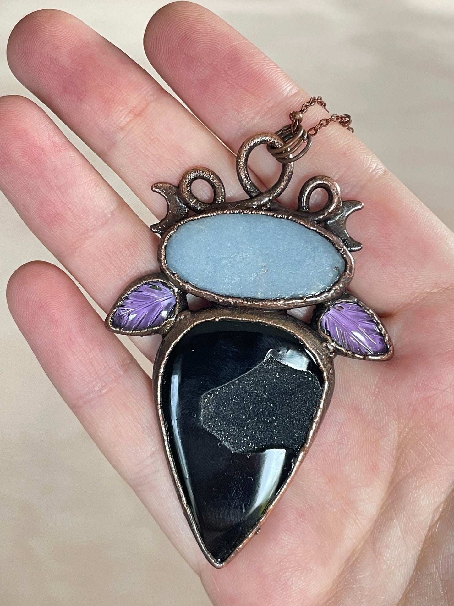 Angelite, Black Onyx Druzy, Amethyst Necklace 