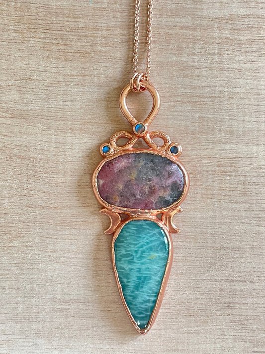 Amazonite & Rhodonite Necklace | Gemstone Pendant | Electroformed Copper Necklace |