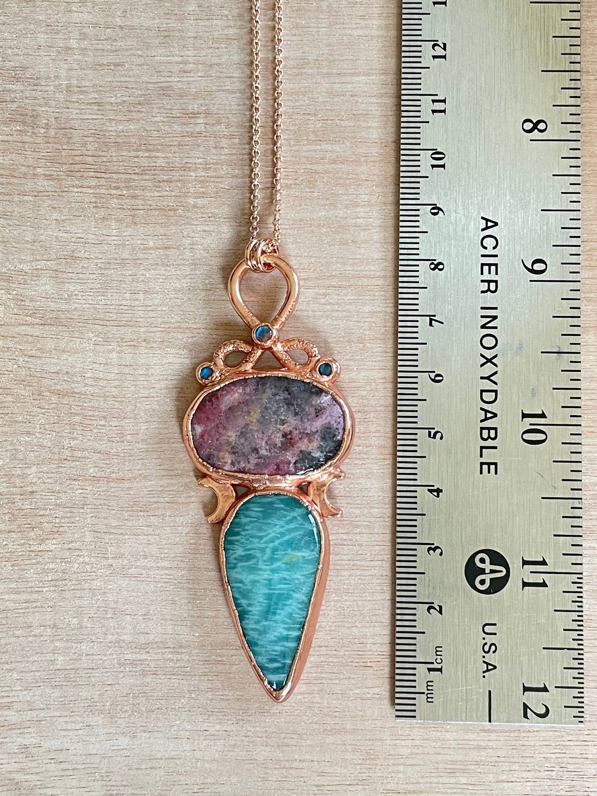 Amazonite & Rhodonite Necklace | Gemstone Pendant | Electroformed Copper Necklace |