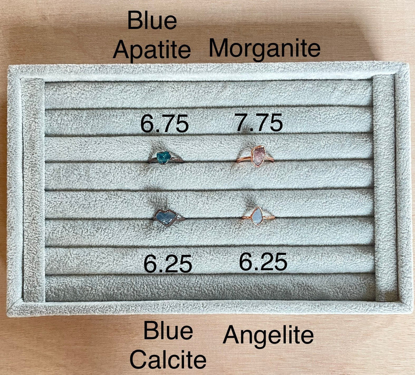 Raw Morganite, Apatite, Calcite, Angelite Ring 