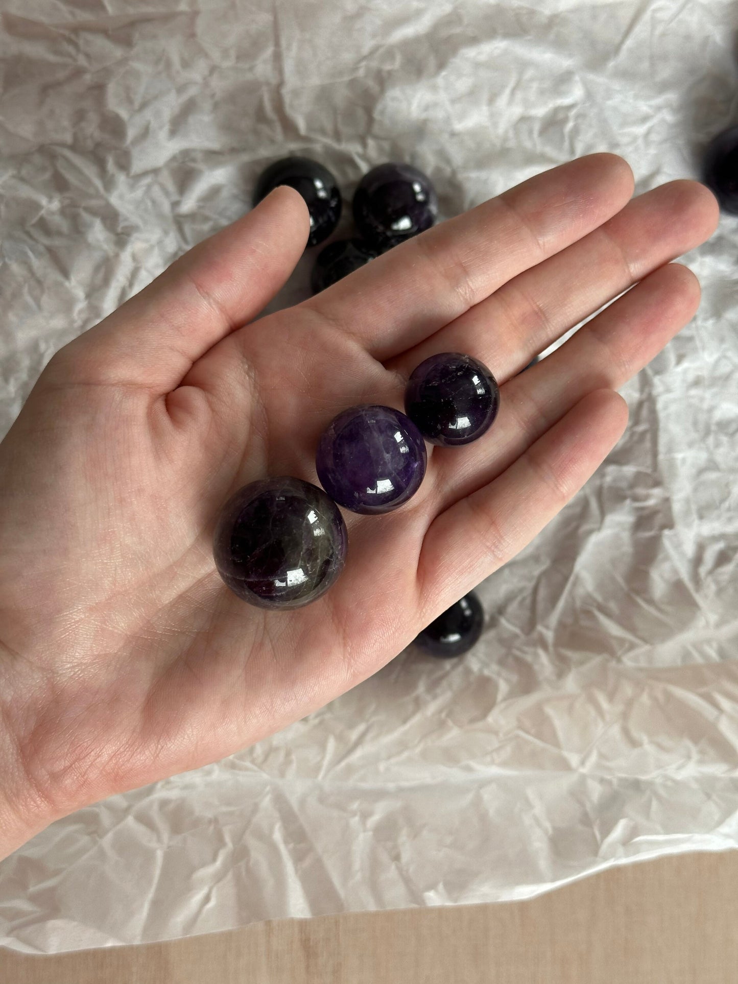 Tiny Dark Amethyst Spheres | Micro Crystal Ball | Amethyst Palm Stones