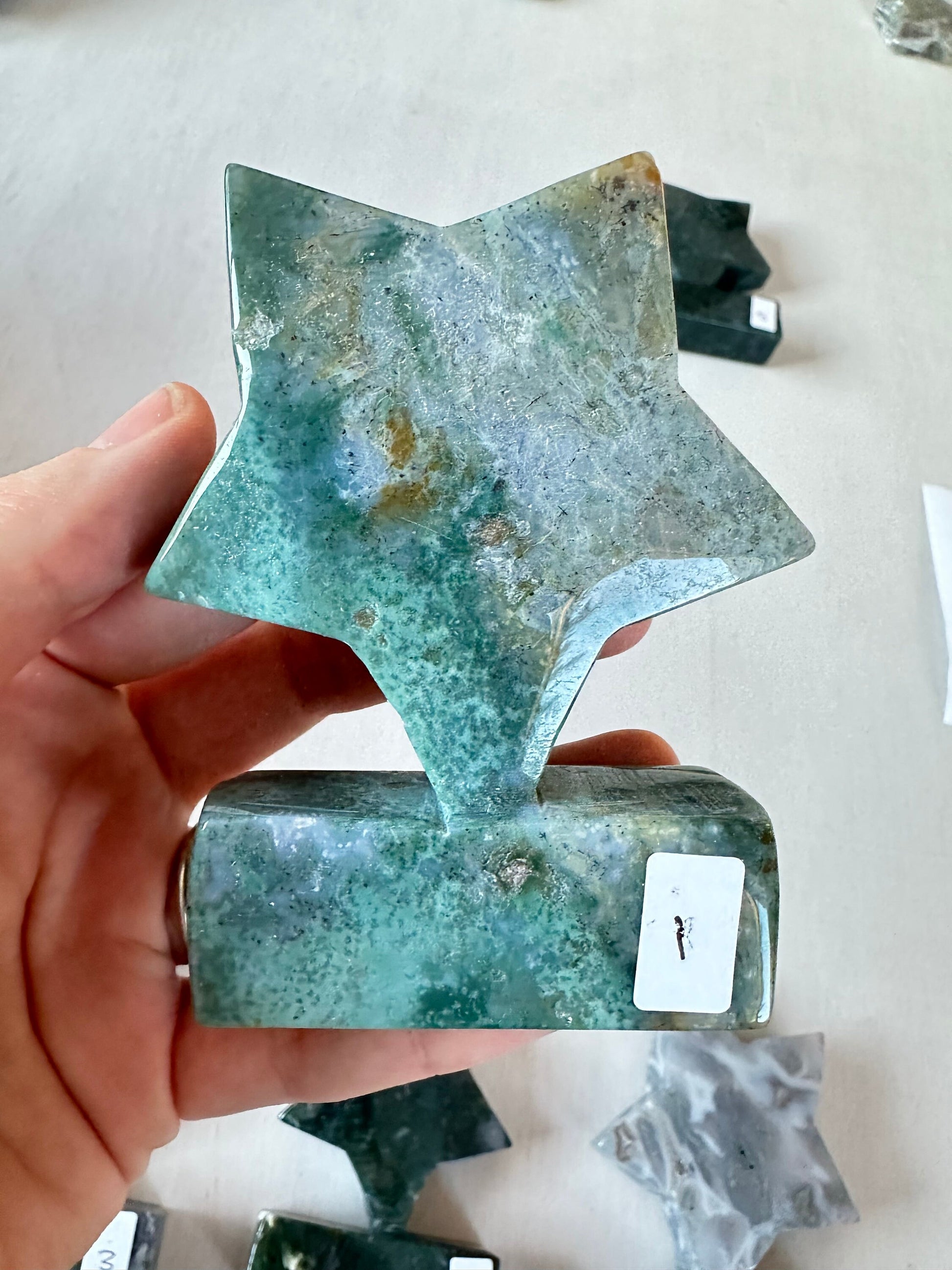 Moss Agate Star | Self Standing Gemstone | Display Carved Crystal